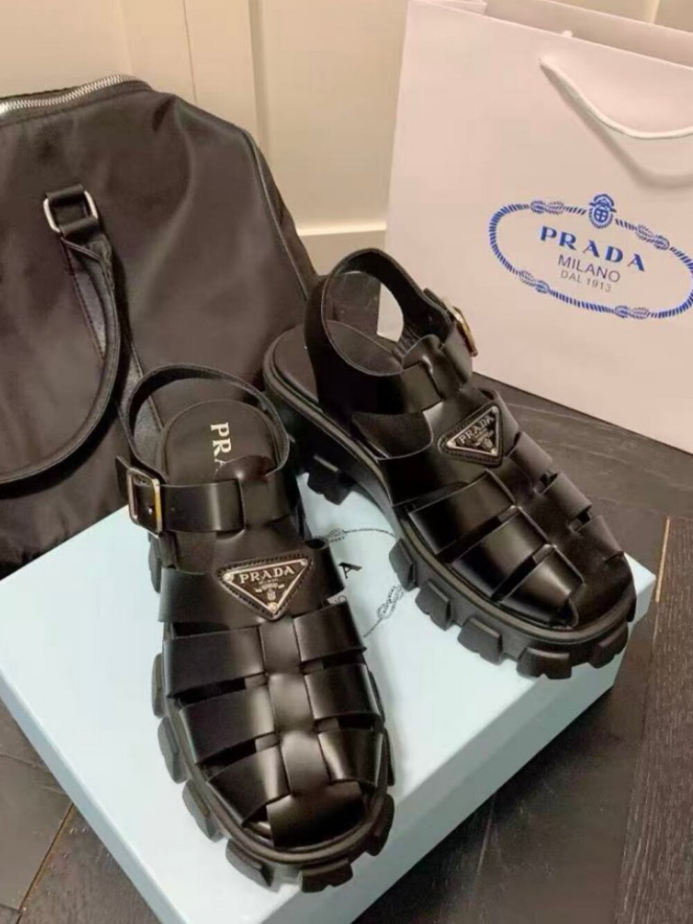 Prada Black Leather Fisherman Roman Sandals